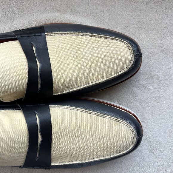Marc Nolan Abe Navy Blue Leather & Tan Cream Canvas Loafers Men15 Slip On Boat - Picture 9 of 16